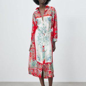 ZARA Paisley Scarf Print Belted Midi Shirt Dress Size S New with Tag
